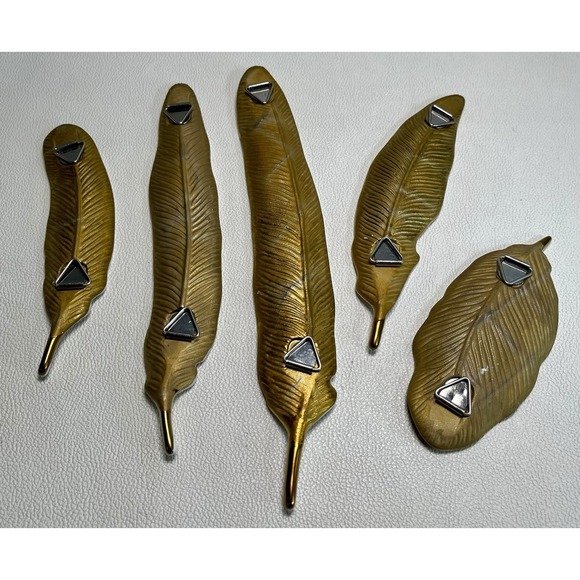 Set of 5 Porcelain Feather Wall Hangings White‎ & Gold Ceramic Boho Decor - Picture 4 of 10